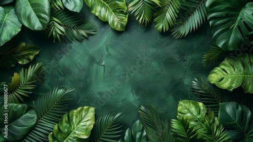 Tropical leaves creatively arranged around a textured dark green background with copy space photo