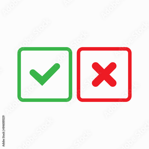 Check mark icons for web. Checkmark X symbols on white isolated background. Check mark signs in green and red colors. Square symbols elements. Yes no web buttons. Vector illustration