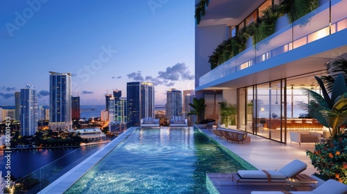 Impressive luxury penthouse terrace with a swimming pool overlooking Miami  generative AI