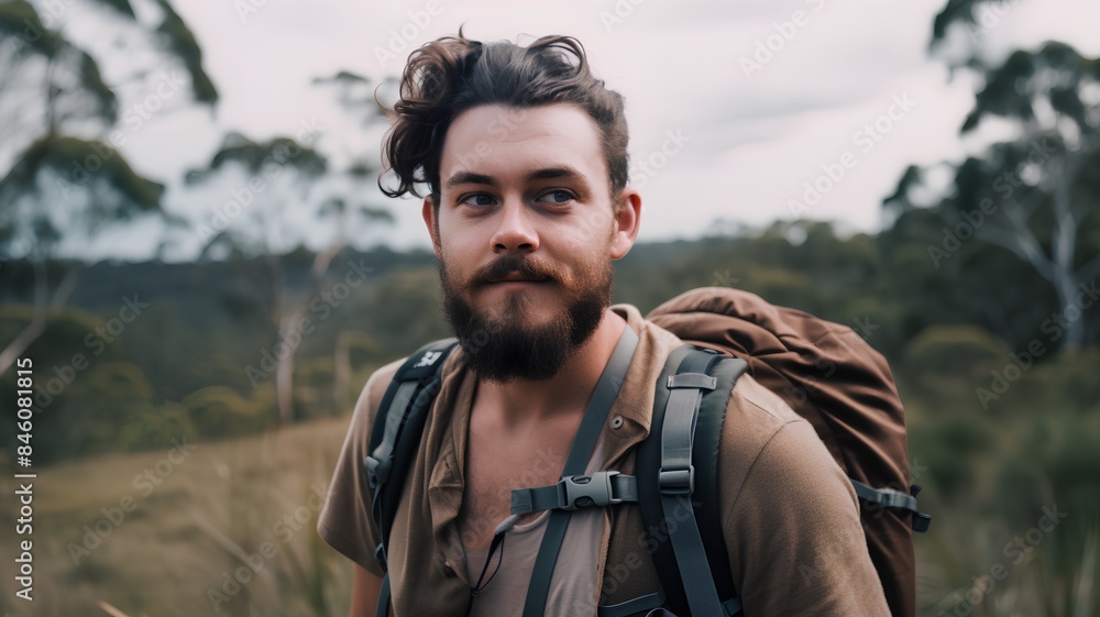 Handsome young man with beard and mustache hiking in the countryside