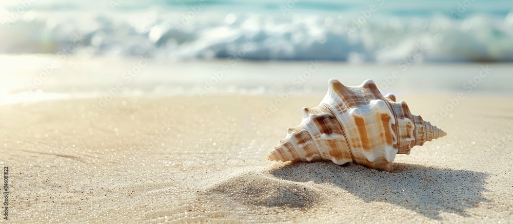 Seashell resting on sandy beach, blank space for your message Seashell resting on sandy beach, blank space for your message
