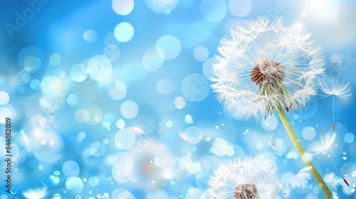 Beautiful white dandelion on blue background with copy space. Illustration AI