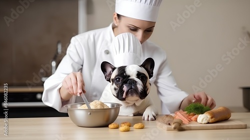 French bulldog in the kitchen with a young female chef at work