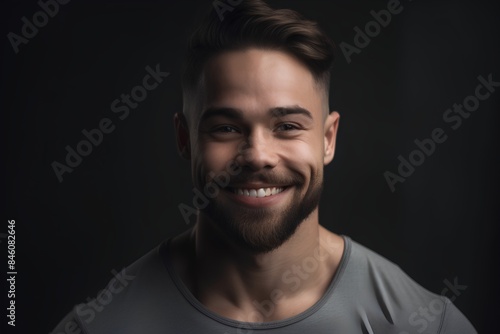 Portrait of handsome young man smiling and looking at camera on dark background