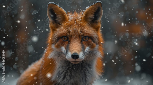 A vivid close-up of a red fox with snowflakes falling around against a blurred background © familymedia