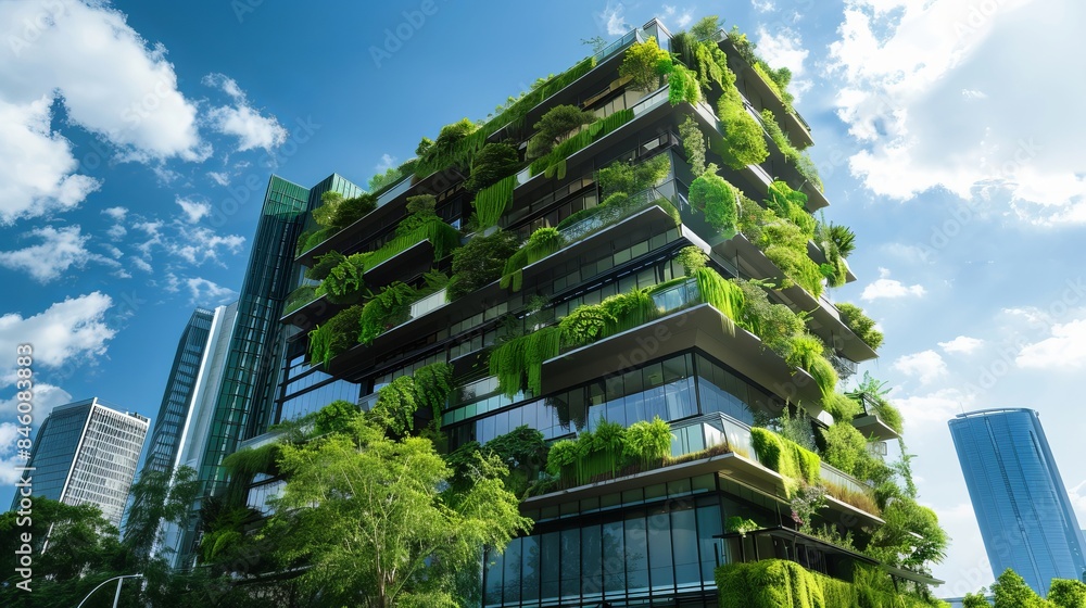 Modern office building with green plant and blue sky Modern office building with green plant and blue sky