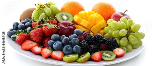 Healthy Fruit Assortment on White Plate Against White Background