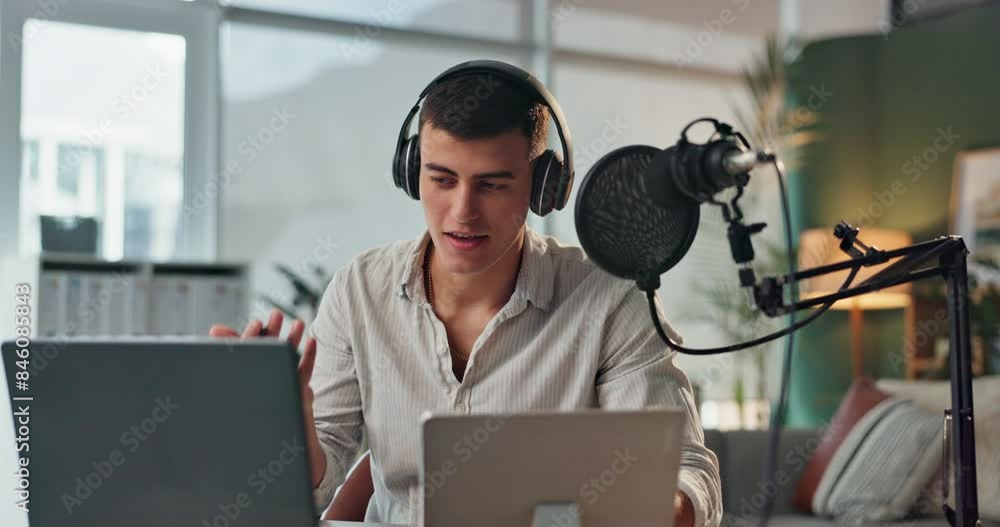 Podcaster, laptop and podcast in house with headphones for social media, vlogging and content creation. Man, microphone and live stream in home with technology as influencer for online talk show Podcaster, laptop and podcast in house with headphones for social media, vlogging and content creation. Man, microphone and live stream in home with technology as influencer for online talk show
