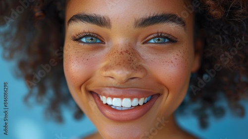 Close-up of a cheerful young woman with curly hair, bright eyes, and freckles smiling at the camera