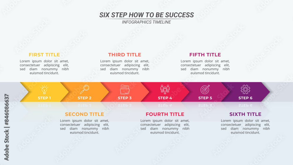Horizontal Arrow Infographic Timeline with 6 Steps and Editable Text on a 16:9 Layout for Business Presentations, Management, and Evaluation. Horizontal Arrow Infographic Timeline with 6 Steps and Editable Text on a 16:9 Layout for Business Presentations, Management, and Evaluation.