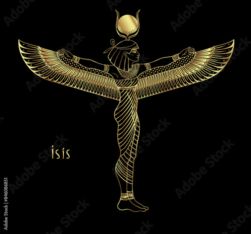 Isis, goddess of life and magic in Egyptian mythology. One of the greatest goddesses of Ancient Egypt, protects women, children, heals sick. Vector isolated illustration in gold over black. Winged