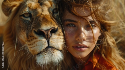 A visually striking half-face portrait blending a young woman with a lion, symbolizing strength and beauty photo