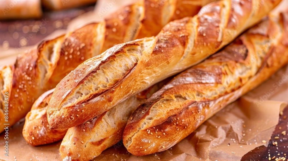Delicious french baguettes on craft paper close up view for a tasty breakfast concept Delicious french baguettes on craft paper close up view for a tasty breakfast concept