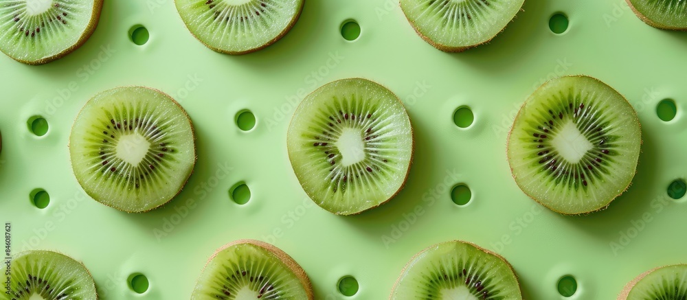 Fototapeta premium Engaging and Natural Transformation: Kiwi Slice Arrangement on Dotted Green Background: Flat Lay Food and Macro Concept.