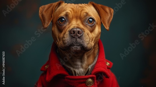 Close-up of a contemplative dog with golden fur wearing a red jacket against a dark textured backdrop