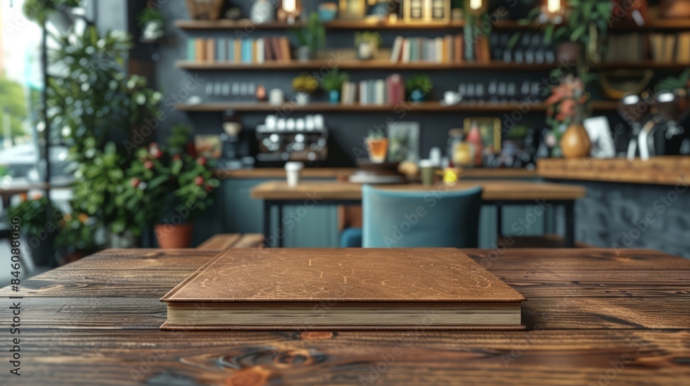 Elegant book cover mockup on a wooden table with a cozy coffee shop background, providing plenty of room for text Elegant book cover mockup on a wooden table with a cozy coffee shop background, providing plenty of room for text