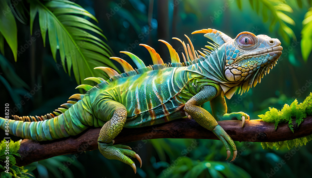 Obraz premium a green iguana displaying its vibrant scales and spikes, lounging on a tree branch with a dense, green jungle backdrop.