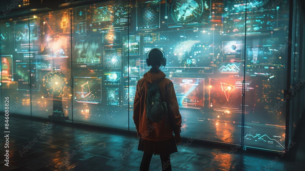 A silhouette of a student in a virtual classroom, facing a large screen displaying holographic textbooks. A silhouette of a student in a virtual classroom, facing a large screen displaying holographic textbooks.