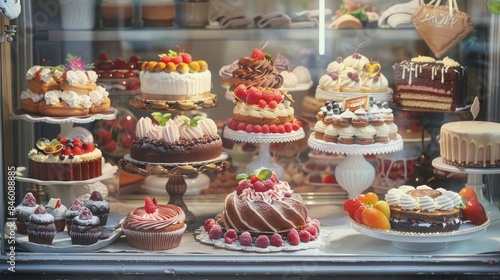Delicious cakes in a bakery window