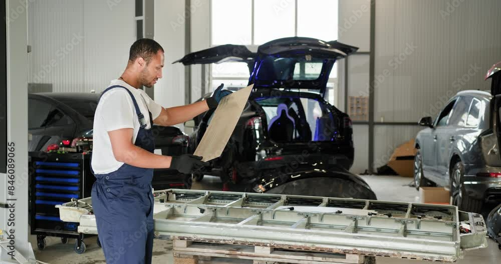 A Male Technician Examining An Electric Car Battery Module At A Vehicle Repair Workshop. He Is Engaged In Troubleshooting And Repair Of The Modern Electric Vehicle Battery Cells. Car Battery Module A Male Technician Examining An Electric Car Battery Module At A Vehicle Repair Workshop. He Is Engaged In Troubleshooting And Repair Of The Modern Electric Vehicle Battery Cells. Car Battery Module