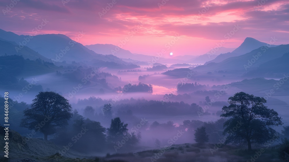 Φωτογραφία Sunrise over misty mountains, painting the sky with hues of pink and orange