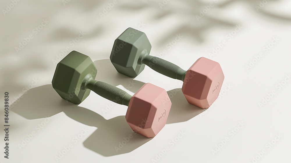 Pair of pastel green and pink dumbbells lying on white surface Pair of pastel green and pink dumbbells lying on white surface