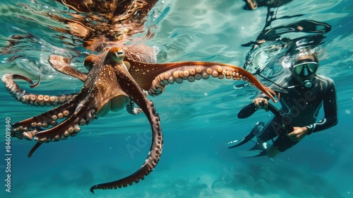 spearfisher catches an octopus photo