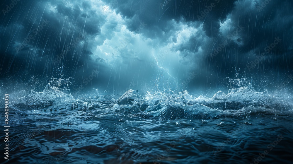 Fototapeta premium Severe thunderstorm with dark clouds and heavy rain, creating dramatic weather conditions.