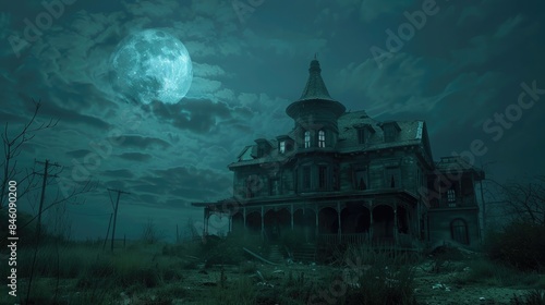 Spooky Haunted House with a Full Moon Sky. Eerie Halloween Background with a Derelict Mansion