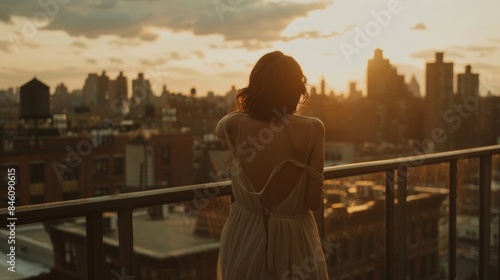 A woman in a flowy dress looks out at the skyline from a rooftop deck arms wrapped around herself as takes in the beauty of . . © Justlight