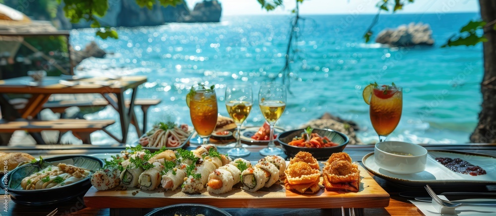 Platter of snacks, bread, and fish rolls set on a table with a stunning ocean view at a restaurant. Perfect appetizer for a special picnic, dinner, or party. Platter of snacks, bread, and fish rolls set on a table with a stunning ocean view at a restaurant. Perfect appetizer for a special picnic, dinner, or party.