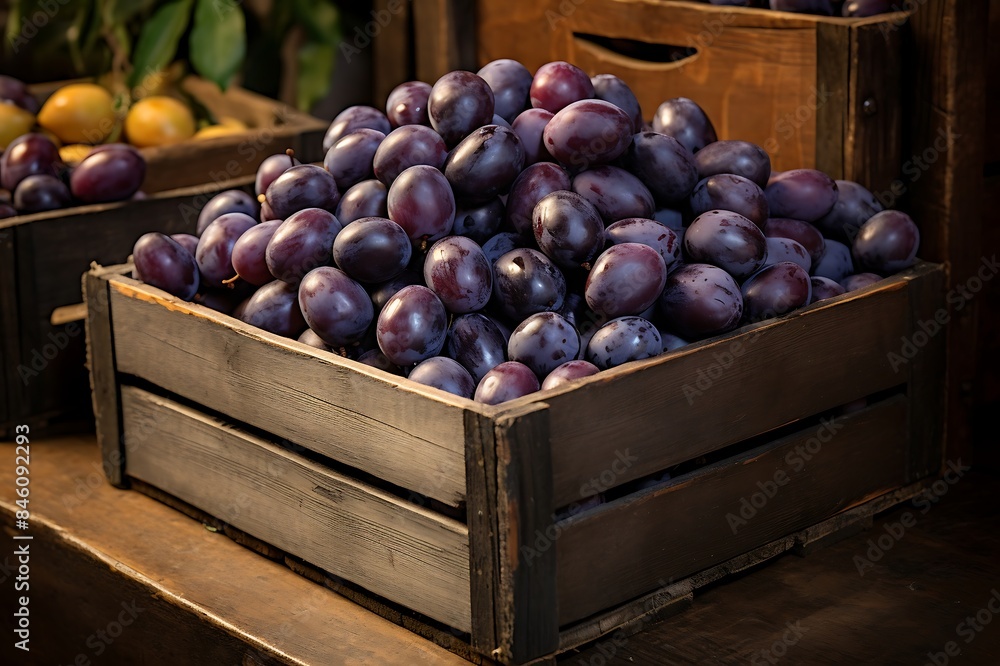 Fresh ripe Damson Plums in wooden crate Fresh ripe Damson Plums in wooden crate