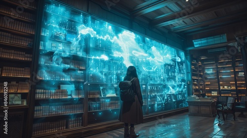 A person stands in a futuristic bookstore, gazing at a holographic display showcasing interactive book previews. photo