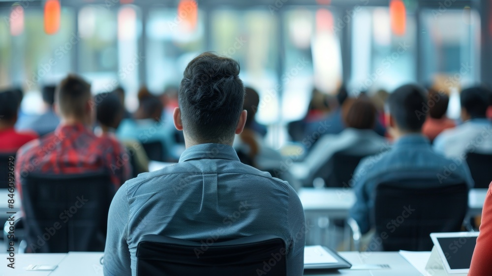 A group of employees are seated in a large conference room facing away from the camera with tablets and notebooks in front of them. . . A group of employees are seated in a large conference room facing away from the camera with tablets and notebooks in front of them. . .