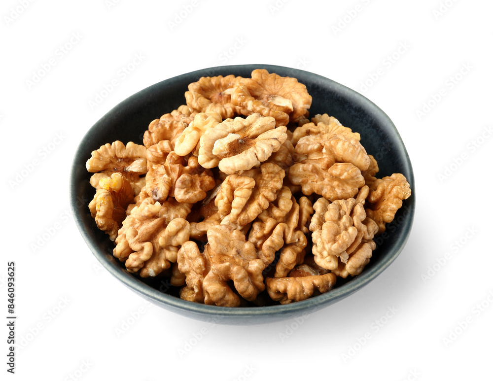 Bowl of tasty walnuts on white background Bowl of tasty walnuts on white background