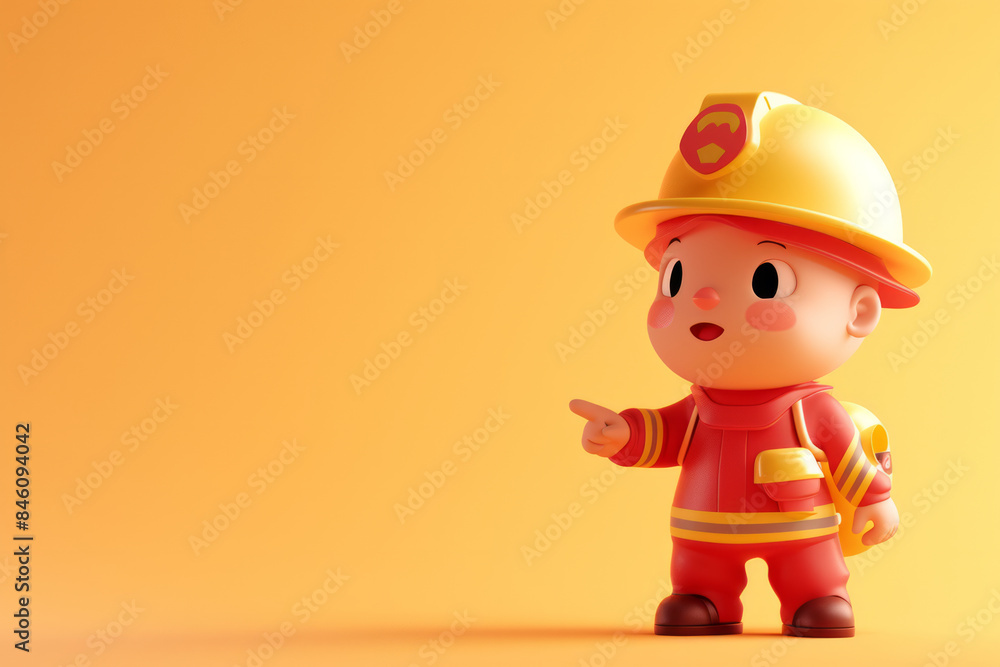 A cute friendly 3d fire fighter character pointing. 3D Rendering style illustration A cute friendly 3d fire fighter character pointing. 3D Rendering style illustration
