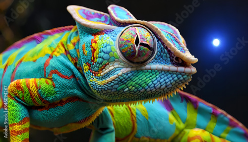 a veiled chameleon, highlighting its intricate green, yellow, and blue patterns and its unique, rotating eyes, set against a natural habitat background. photo
