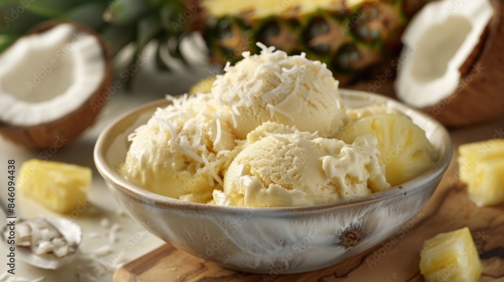 Juicy pineapple chunks and chunks of coconut swim in a bowl of creamy coconutinfused gelato. Juicy pineapple chunks and chunks of coconut swim in a bowl of creamy coconutinfused gelato.