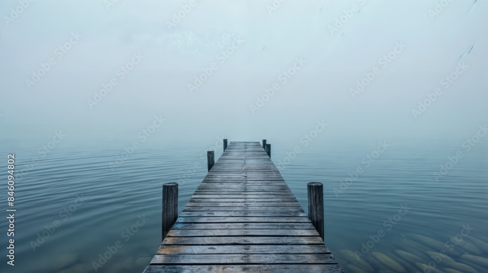 Wooden dock extending into calm, misty lake Wooden dock extending into calm, misty lake
