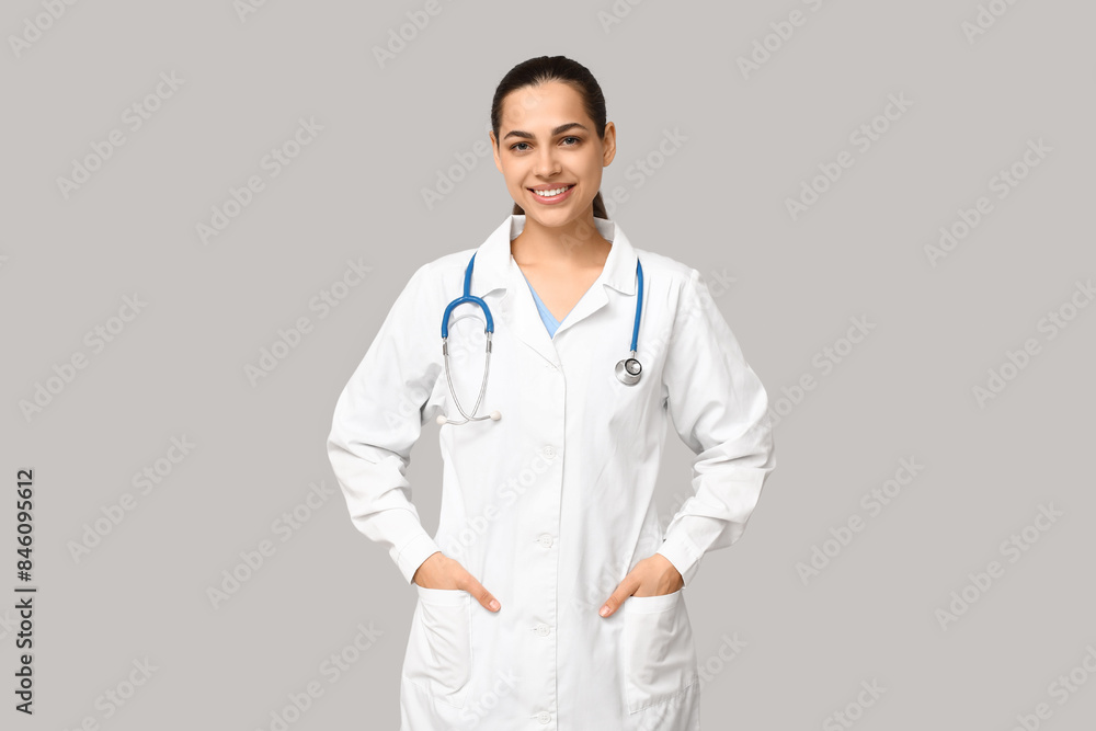 Portrait of young female doctor with stethoscope on grey background Portrait of young female doctor with stethoscope on grey background