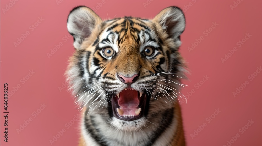 Fototapeta premium Detailed portrait of a white saber toothed tiger against vibrant and colorful background