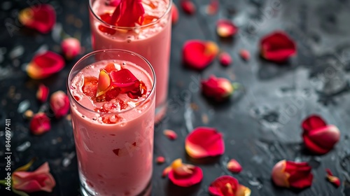 Summer drink gulab falooda or gulab ka sharbat with some rose petals on black colored shiny surface