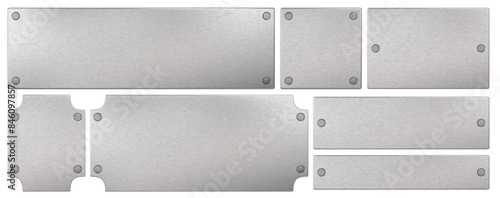 Steel plaque with rivets. Isolated metallic nameboards set. 3D rendering.