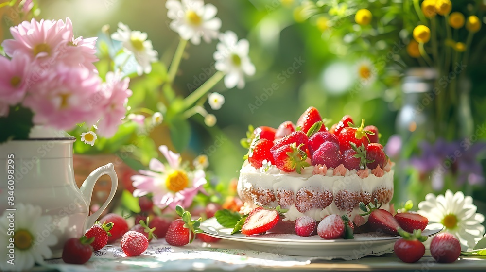 Summer objects in a garden strawberry cake and a bouquet with summer flowers Summer objects in a garden strawberry cake and a bouquet with summer flowers