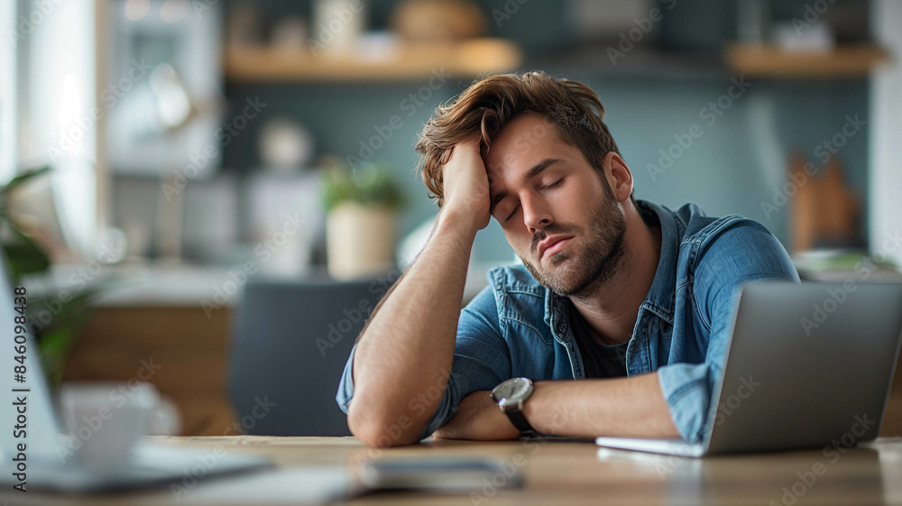 Exhausted man resting his head on his hand while sitting in front of a laptop at home, indicating fatigue from working remotely or studying. Generative AI. Exhausted man resting his head on his hand while sitting in front of a laptop at home, indicating fatigue from working remotely or studying. Generative AI.