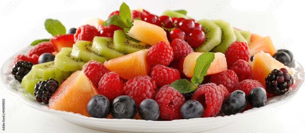 Fresh fruit salad displayed against a white backdrop.