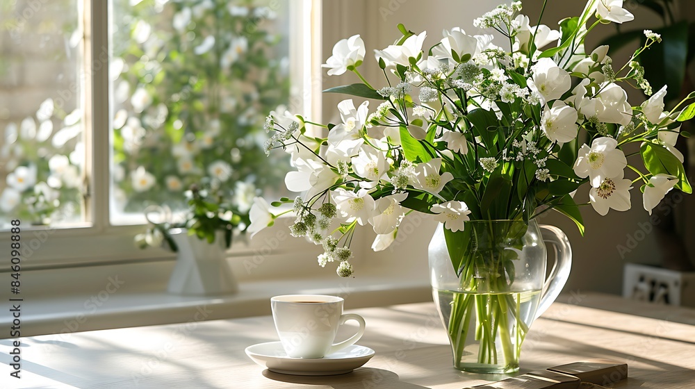 Summer white flowers and turk with coffee in kitchen table bouquet of flowers and plants in glass vase at home Summer white flowers and turk with coffee in kitchen table bouquet of flowers and plants in glass vase at home