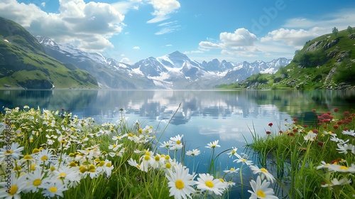 Summer reflecting in riffelsee lake surrounded with natural wild flowers in bloom under blue sunny photo