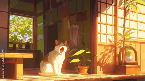 Cat Yawning in the Side Of Windows House Cartoon Illustration