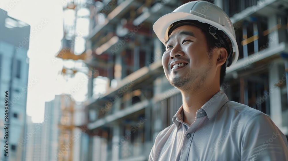 Smiling Asian architect in a helmet looking forward at his project's progress at a city construction site Smiling Asian architect in a helmet looking forward at his project's progress at a city construction site